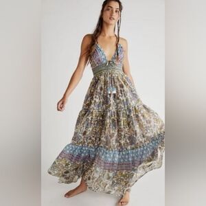 Free People Real Love Midi Dress Size Small Blue Combo Sleeveless Sundress NWT